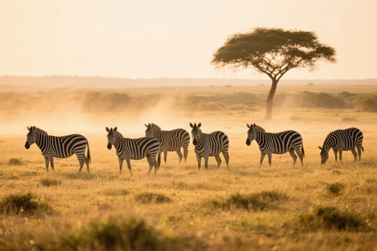 A herd of zebras grazing in a dusty savanna at golden hour with a lone acacia tree in the background