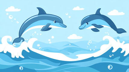 Naklejka premium Two cheerful, blue cartoon dolphins jumping playfully out of bright ocean waves with bubbles and white clouds in the background.