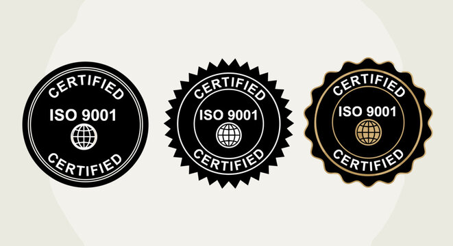 ISO 9001 Certified Seals Set: Quality Assurance Icons for Business Excellence, Global Standards Compliance, and Trust. Ideal for Marketing Materials, Presentations, and Website Badges to Show Reliabil