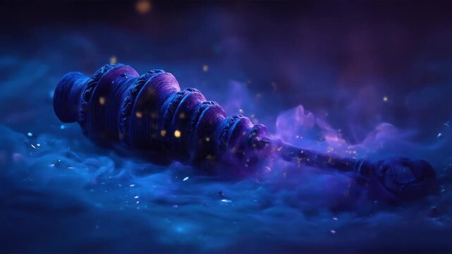 A fantastical, glowing, ornate object floats in a deep blue and purple nebula, speckled with light