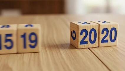 Wooden Number Blocks Lined Up on Table Top Closeup