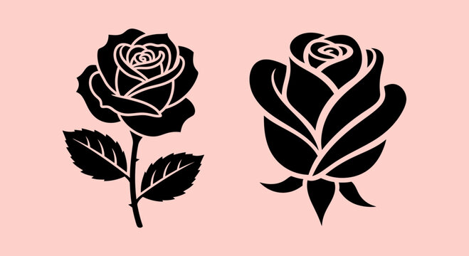 Black Rose Flower Silhouette Vector Illustration Set