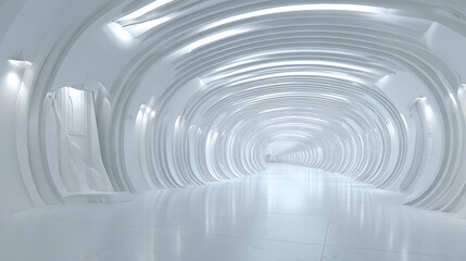 Naklejka premium Gleaming Futuristic Corridor with Curved Walls and Overhead Lighting tunnel architecture