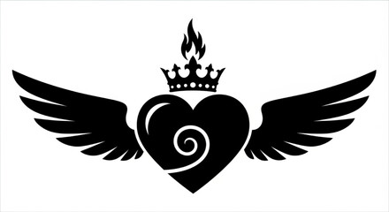 Obraz premium Heart Silhouette Vector Showing Combined Symbolic Elements — Winged, Crowned, Flame Tip, Spiral Line