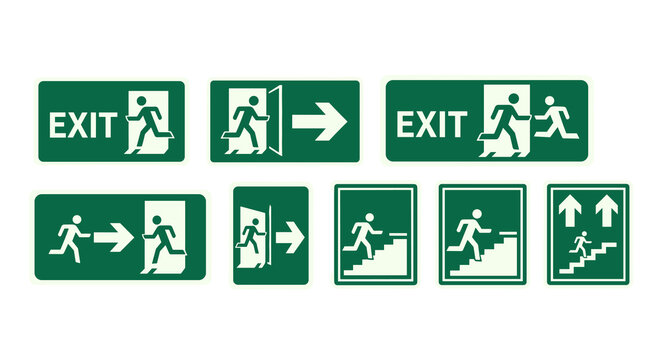 Emergency Exit Signs Directing Evacuation Route for Safety in Green and White Offering Escape Guidance and Evacuation Plans for Workplace Presentation and Building Regulations, Risk Management, Safety