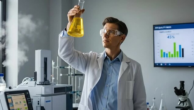 Analyzing Yellow Liquid: Scientist Holding Beaker in Lab
