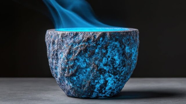 A glowing blue object in a rough stone vessel with smoke emanating against a dark background