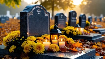 Gravestones adorned with yellow chrysanthemums and candles. A lantern illuminates the scene in a serene cemetery.