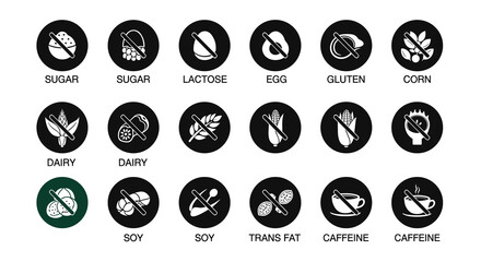 Allergen Information Icons Representing Food Intolerance on Clean White Backdrop for Nutrition and Healthcare Marketing: Simple Black Pictograms Emphasizing Dietary Restrictions for Health, Wellness,