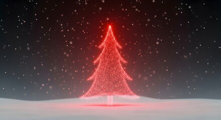 Glowing red christmas tree in snowfall night scene