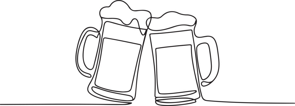 Two glasses of beer one line continuous. Line art glasses of beer. one line Icon drawing with white background