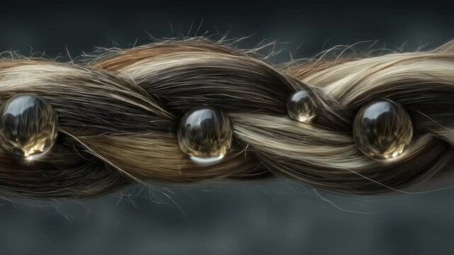 A macro shot displays a braid of brown and blonde hair, dotted with crystal clear water droplets