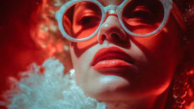 Portrait seventies d'une jeune femme blonde avec lunettes de soleil rondes