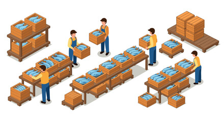 Workers organizing fish crates in warehouse with efficient workflow in isometric design