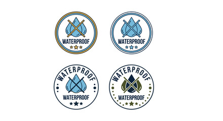 Waterproof Guarantee Seal Illustrations for Product Protection & Marketing: Assorted Vector Water Drop Icons with Crossed Lines & Star Ratings for Authenticity, Quality Assurance, and Consumer Confide