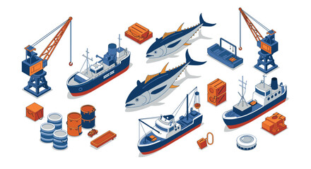 Isometric fishing industry elements featuring boats fish and cranes