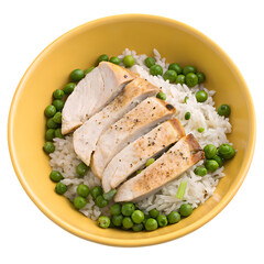 Delicious grilled chicken breast with rice and peas