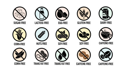 Allergen-Free Diet Icons Promoting Healthy Eating in Food Industry: A Visual Guide to Sugar, Lactose, Egg, Gluten, Dairy, Corn, Nuts, Soy, Caffeine, Trans Fat-Free Nutrition for Health, Wellness, Mark