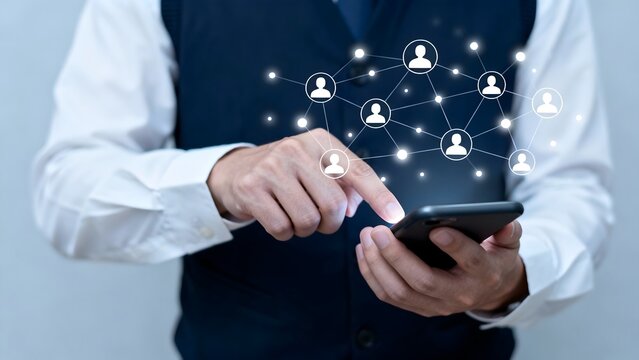 Man using a smartphone with a network of connected people icons representing social media and digital communication for business and technology concepts