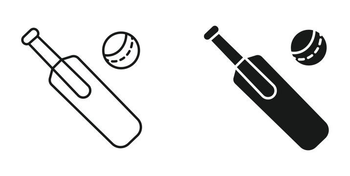  cricket bat and ball icon set in outline and silhouette style, representing sports and outdoor activity, vector illustration.
