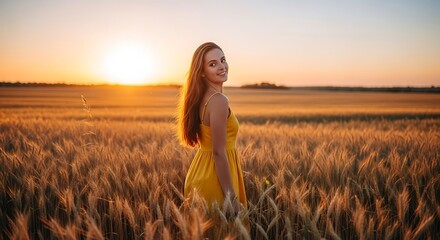 Young woman in yellow dress standing in a golden wheat field at sunset enjoying the peaceful countryside atmosphere and the beauty of nature's golden hour light