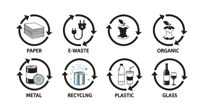Recycling Sorting Icons for Waste Management and Environmental Sustainability Education, Illustrating Materials Like Paper, E-Waste, Organics, Metal, Plastic, and Glass for Eco-Conscious Practices (Bl