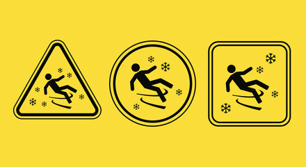 Slippery Surface Warning Signage Collection: Indicating Ice and Snow Risk, Alerting to Danger of Falling on Winter Surfaces, Applicable for Public Safety, Business, & Cold Weather Preparations, Illust