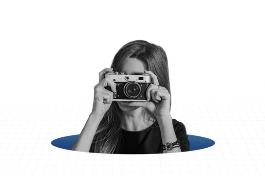 Woman taking retro photos. Digital collage with female hands holding vintage camera. Pop art design.