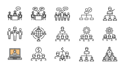 Business Team Collaboration and Communication Icons Illustrating Teamwork, Organization, Global Networking, and Online Meetings for Corporate Presentations and Modern Workplace Visuals, Linear Style,