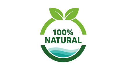 100% Natural Product Label Design Promoting Eco-Friendly Lifestyle, Featuring Green Leaves and Water Waves for Organic, Sustainable Business Branding and Marketing Materials, Ideal for Healthcare Indu