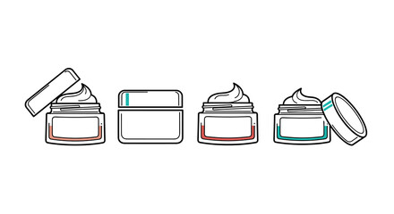 Cosmetic Cream Jars Arrangement: Skincare Product Containers in Varied Shapes for Beauty and Wellness, Dermatology in Minimalist Outline Style for Advertising, Marketing, Healthcare Presentation, Spa