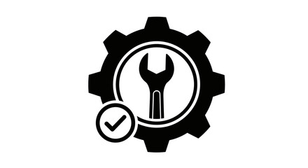 Completed Maintenance Workflow: Black Gear Icon with Wrench and Checkmark for Service Completion, Engineering, and Technical Support in a Modern Business Setting (Process Automation, Repair, Configura