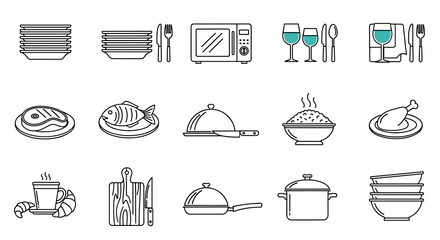 Culinary Icons Ready for Preparation: Modern Line Art Illustration Featuring Dinnerware, Cooking Appliances, and Gourmet Food on Display for Restaurant Menus, Recipe Presentations, & Food Industry Mar