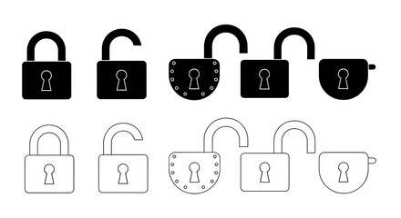 Collection of Padlock Icons in Open and Closed Positions Illustrating Security Concepts for Business, Technology, and Privacy in Simple Black and White Designs for Presentations and Marketing Material