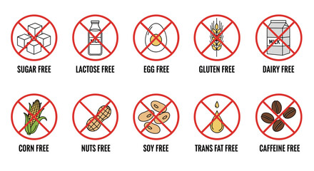 Allergen Information Set: Understanding Food Sensitivities 200 Characters  for Health & Wellness, Featuring Sugar, Lactose, Egg, Gluten, Dairy, Corn, Nuts, Soy, Trans Fat, & Caffeine, Guiding Dietary