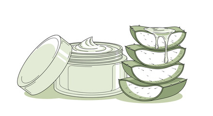Aloe Vera Skincare Preparation: Natural Gel Cream Product, Open Jar Next to Sliced Leaves for Cosmetic Dermatology Treatment, Beauty, Wellness, Hydration in Green Tones for Presentation, Marketing, an