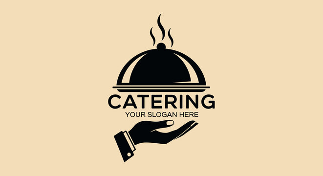 Elegant Catering Service Logo Design with Tray Held in Hand Illustration for Restaurant, Events, and Culinary Business Branding. Professional Food Services Identity, Modern Minimalist Style, Cream Bac