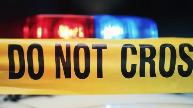 Close-up of yellow "Do Not Cross" tape illuminated by rotating police lights