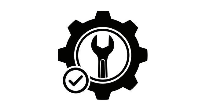 Completed Maintenance Workflow: Black Gear Icon with Wrench and Checkmark for Service Completion, Engineering, and Technical Support in a Modern Business Setting (Process Automation, Repair, Configura