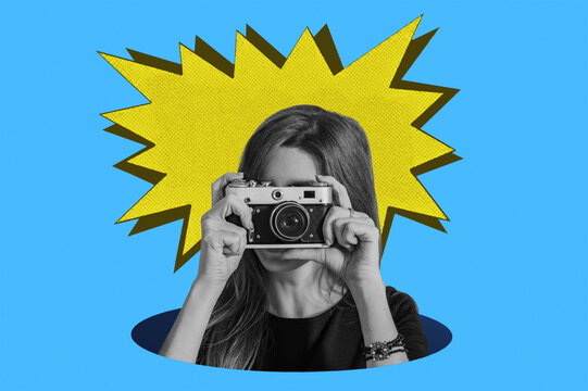 Woman taking retro photos. Digital collage with female hands holding vintage camera. Pop art design.