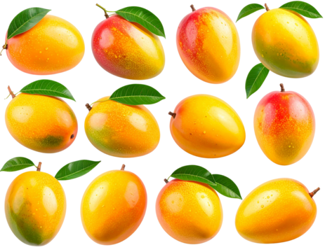 Angled Arrangement of Mangoes with Leaf Accents, Isolated PNG