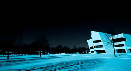 Geometric lines and nocturnal silence: An artistic view of a modern architectural structure and the atmosphere of peace, with clear lines and open spaces create a strong sense of aesthetic calm.