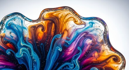 A vibrant macro close-up of colorful liquids mixing and swirling in a viscous medium, creating dynamic abstract patterns with numerous small air bubbles along the edges. Ideal for modern backdrops.