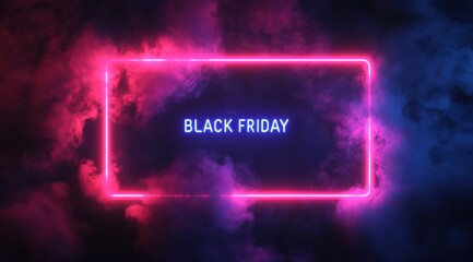 Black Friday Neon Frame with Smoke Effect in Dark Background for Advertising.
