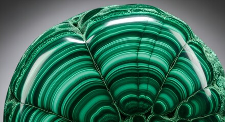 Vibrant macro photograph capturing the rich concentric banding and smooth polished surface of a botryoidal Malachite mineral specimen against a gray background.