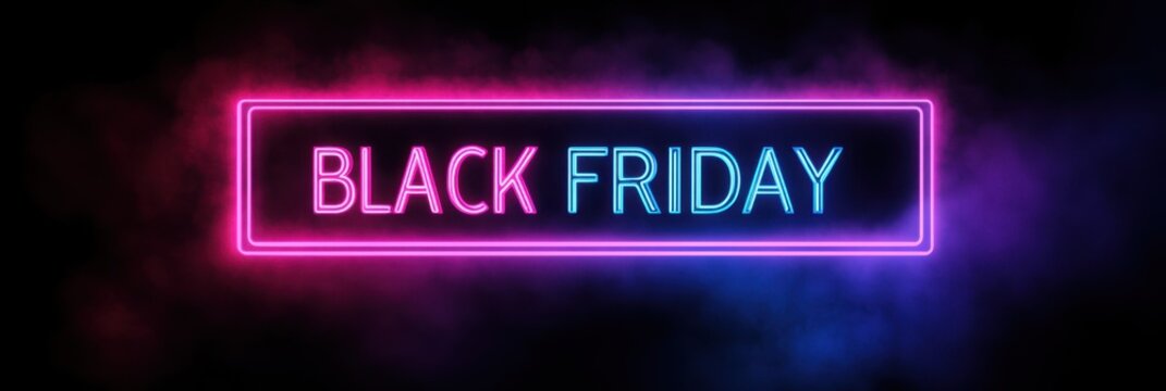 Black Friday Neon Frame with Smoke Effect in Dark Background for Advertising.