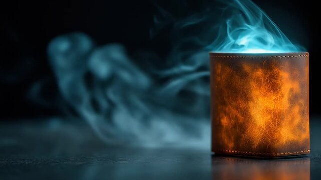 A textured leather object emits ethereal blue light and smoke against a dark and moody backdrop
