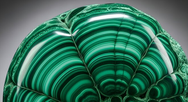 Vibrant macro photograph capturing the rich concentric banding and smooth polished surface of a botryoidal Malachite mineral specimen against a gray background.