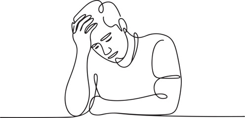 Continuous line drawings of man feeling sad, tired and worried about suffering from depression in mental health. problems. one line Icon drawing with white background
