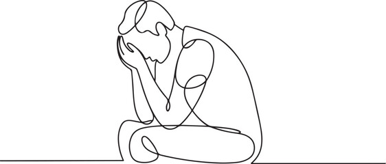Continuous line drawings of man feeling sad, tired and worried about suffering from depression in mental health. problems. one line Icon drawing with white background